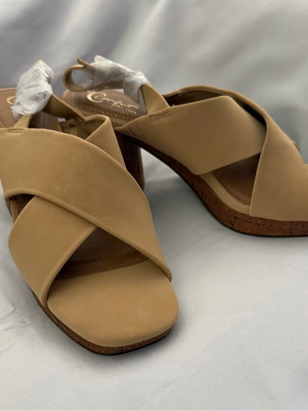 Cross‑Strap Cork Block Heel faux leather Sandal in Tan 3.5 inch heel